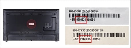 Back of a TV showing the location of the serial number sticker, alongside two close-up examples of serial number labels with the first 7 or 8 digits highlighted in a red box